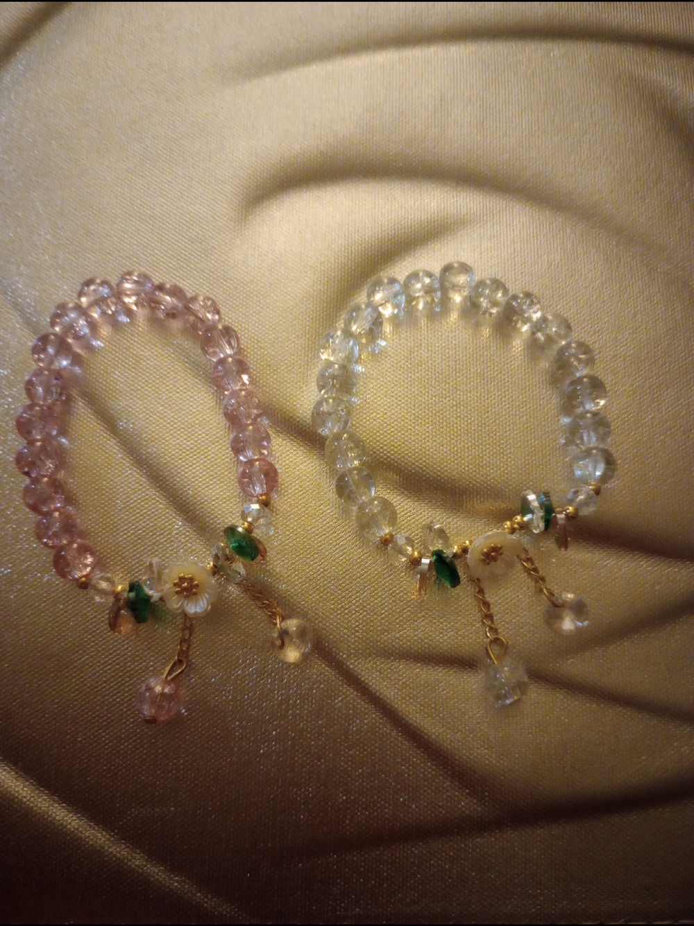 Glass Pink and Clear Bead Floral  Charm Bracelet Duo